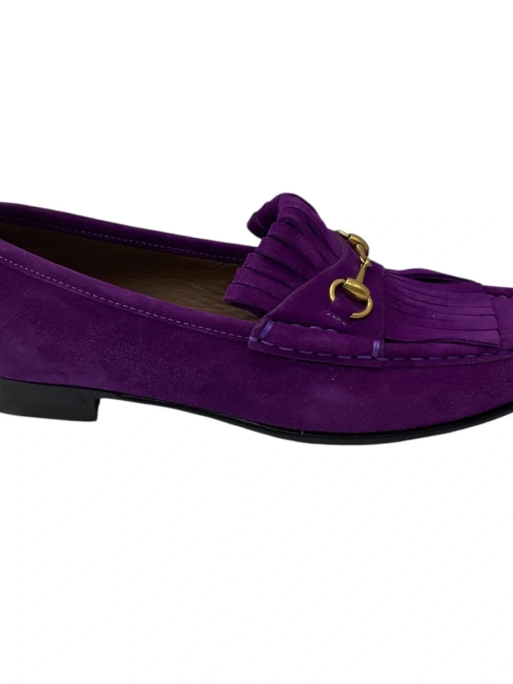 GUCCI PURPLE / ANTIQUED GOLD HORSEBIT DETAIL SUEDE LOAFERS / MOCCASIN FLATS